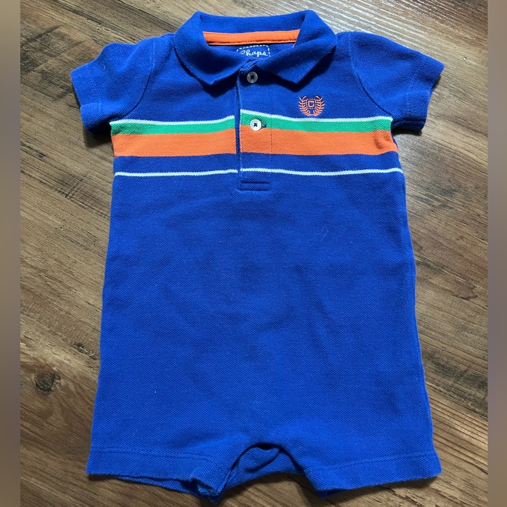 Chaos Blue Polo Romper with Orange, Green, & White Stripes 3 Month 100% Cotton - Picture 2 of 6